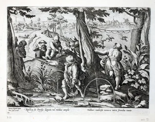 Birdcatchers using traps to catch partridge, illustration from 